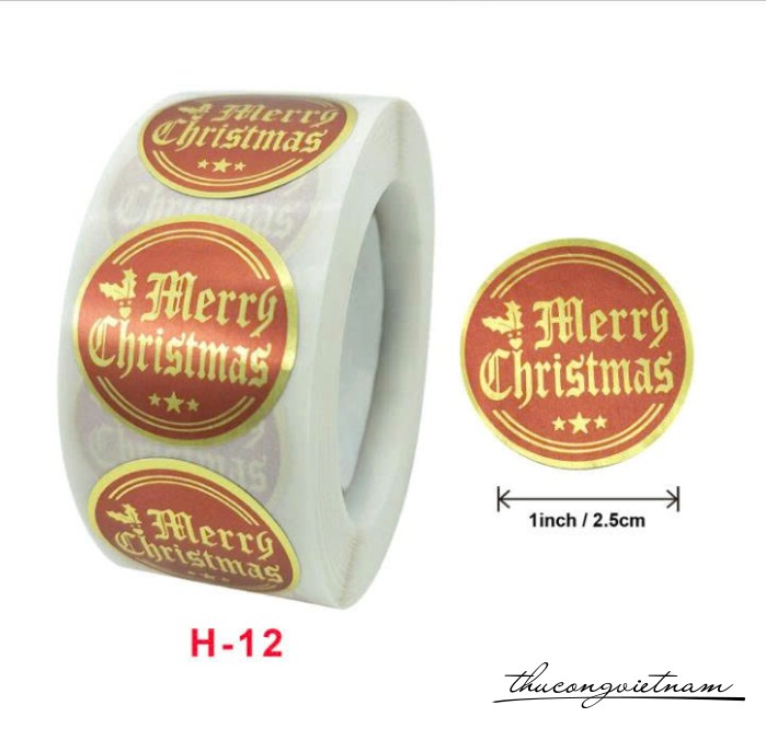 Sticker tròn Giáng Sinh nhũ ánh kim (500 tem)- Merry Christmas đỏ